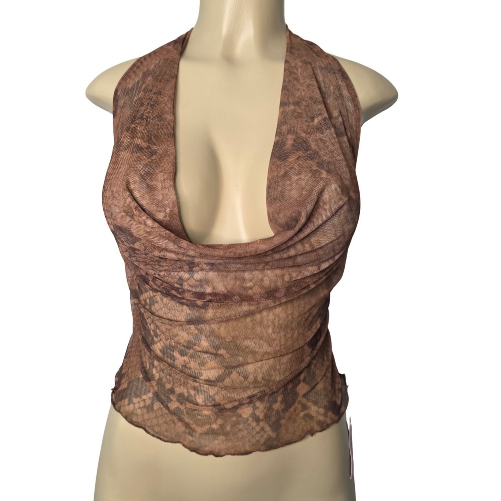 PrettyLittleThing Top Women 8 Brown Snake Print Mesh Cowl Halterneck Crop NEW